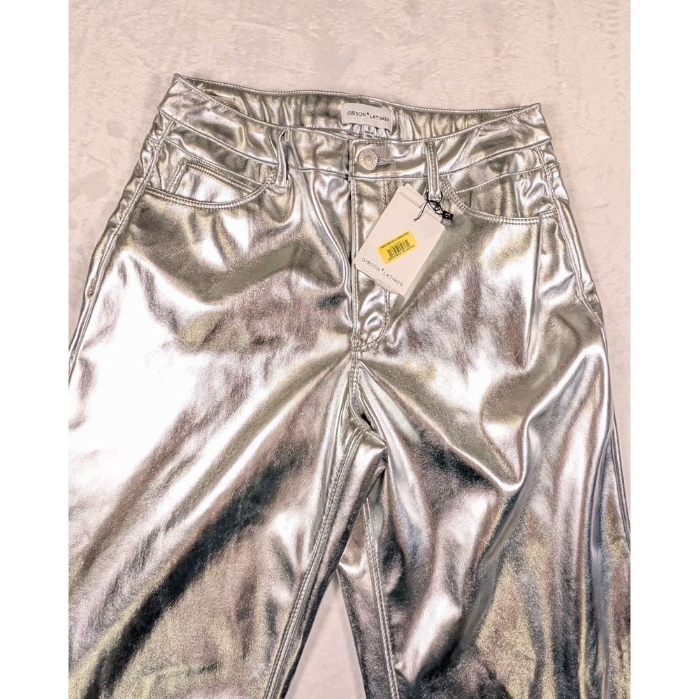 Gibson Latimer Women Silver Metallic Perfect Fit Wide Leg READ Pants Size 8 - Picture 2 of 14